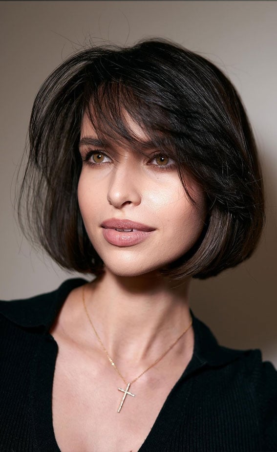 Chin Length Bob With Curtain Bangs, Dark Brown — Classy Bob Hair