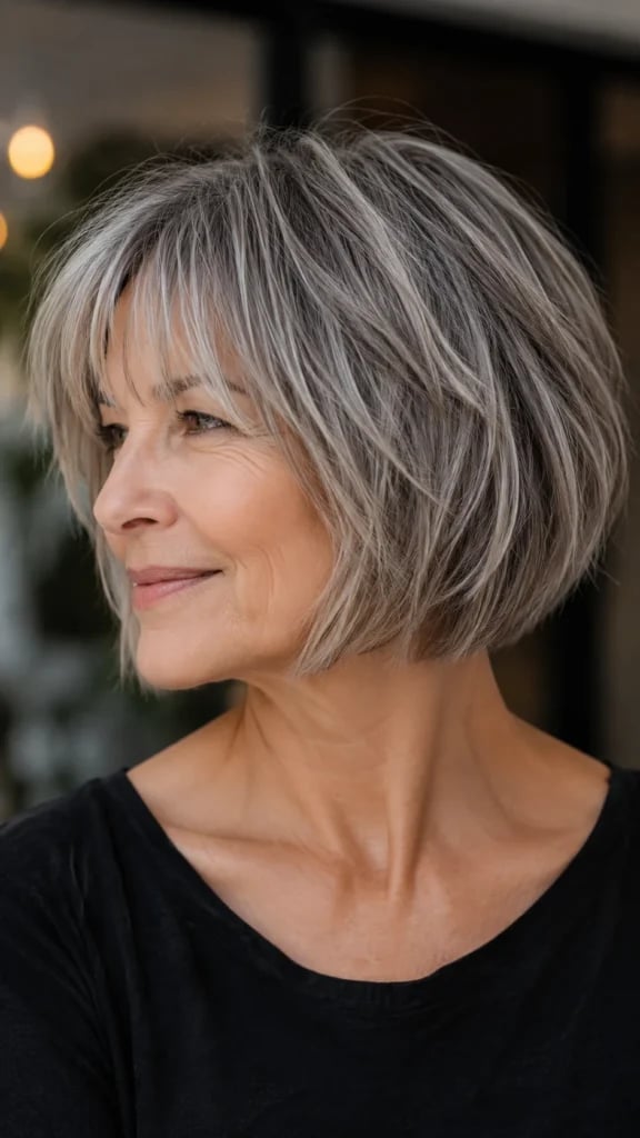 Chin Length Bob Wispy Bangs Grey Blonde — Classy Bob Haircuts for Fine Hair
