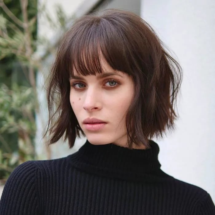 Chin Length Bob With Sharp Blunt Bangs, Middle — Classy Bob Haircuts with Bangs