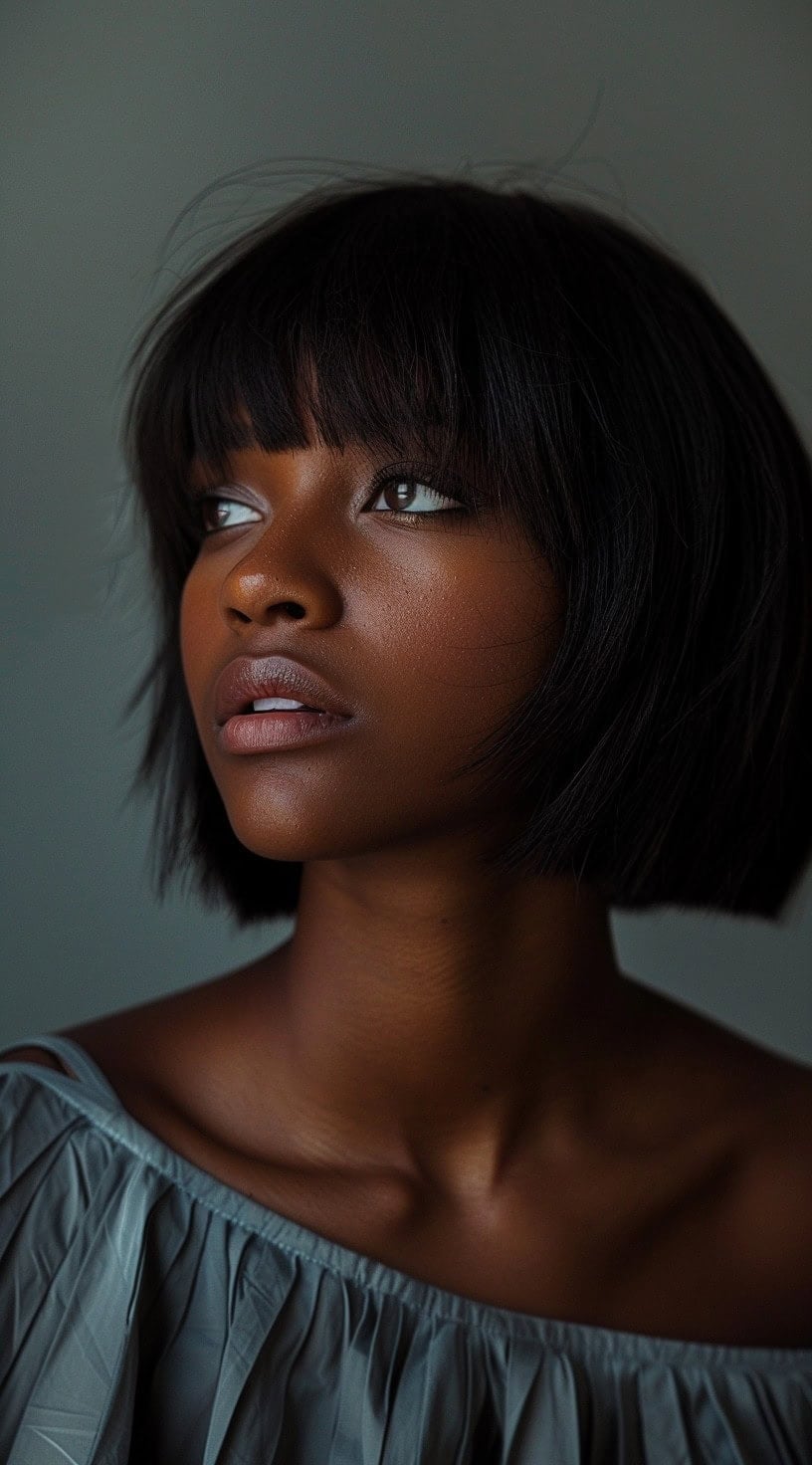 Chin Length Blunt Bob With Crisp Bangs, Straight — Classy Bob Haircuts with Bangs