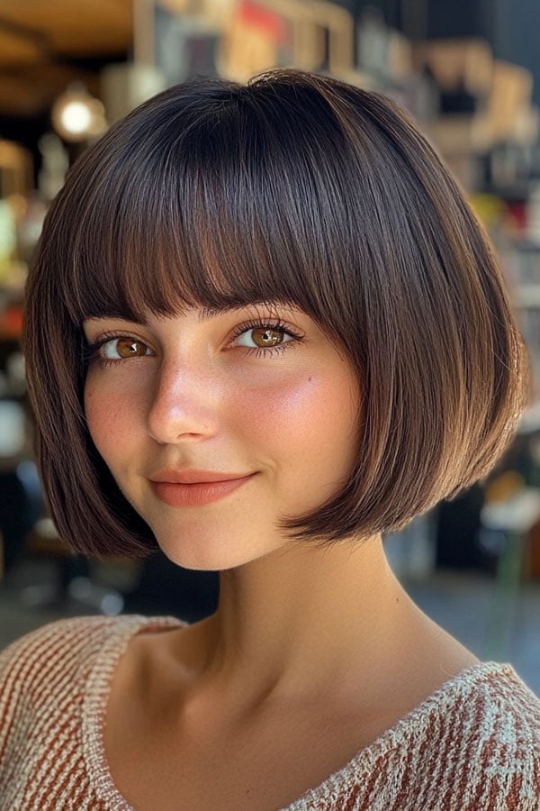 Chin Length Blunt Bob With Full Straight Bangs, Middle — Classy Bob Haircuts with Bangs