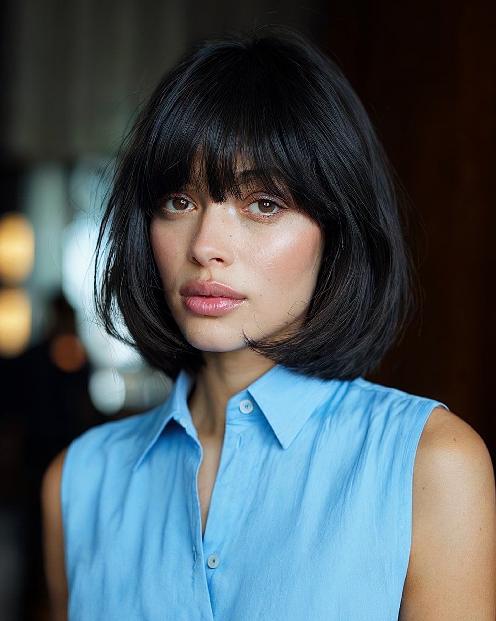 Chin Length Layered Bob With Blunt Bangs and Styled In Soft Waves — Classy Bob Haircuts with Bangs