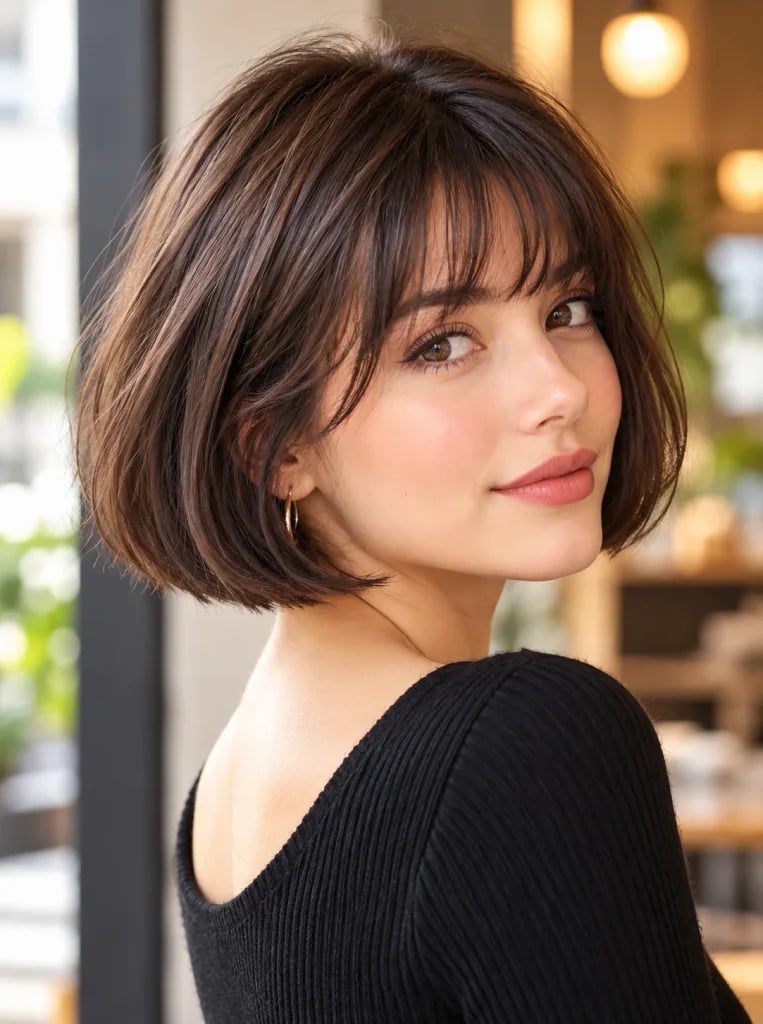 Chin Length Blunt Bob With Sharp Bangs, Close-Up Take — Classy Bob Haircuts with Bangs