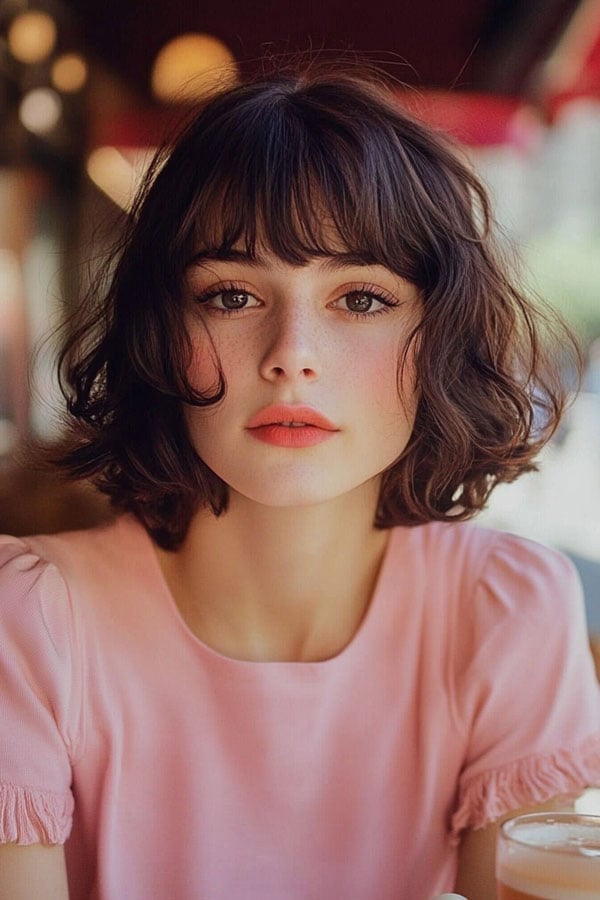 Collarbone Wavy Bob With Soft Curtain Bangs, Dark Brown — Classy Bob Haircuts with Bangs