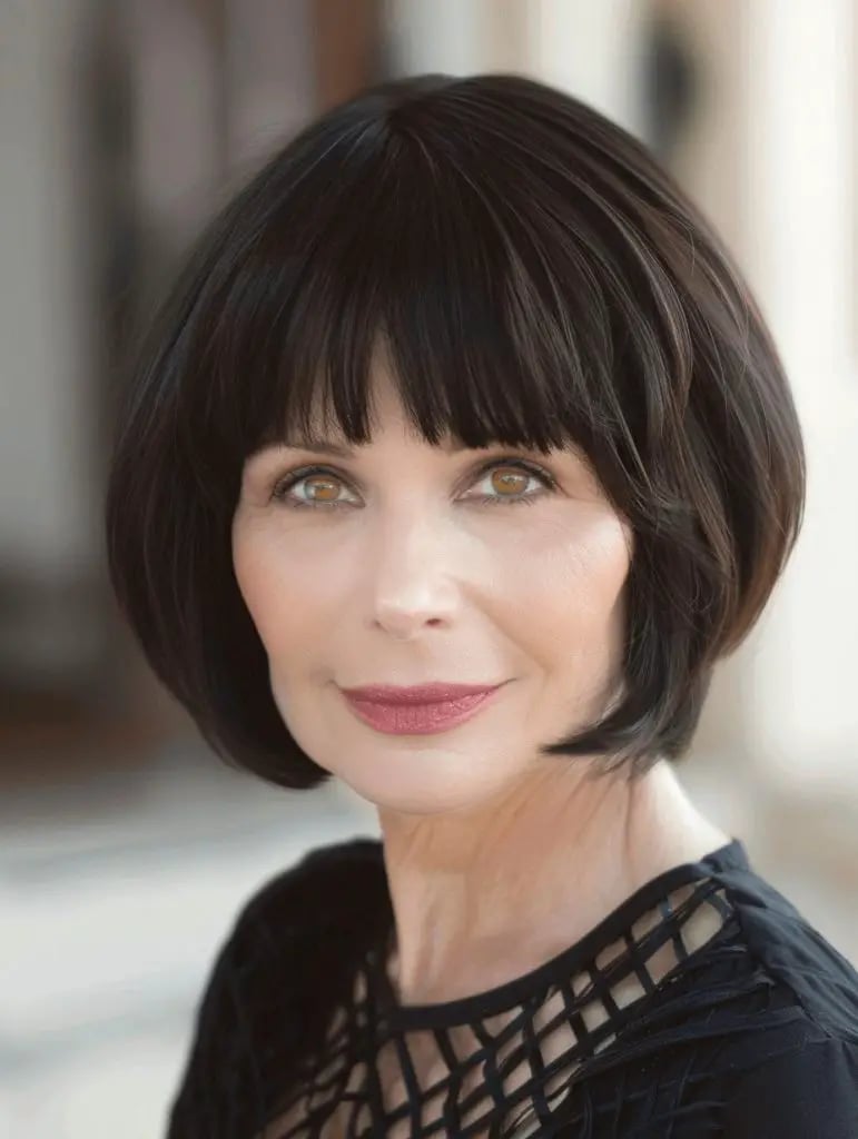 Chin Length Blunt Bob With Thick Bangs and Styled Sleekly — Classy Bob Haircuts with Bangs