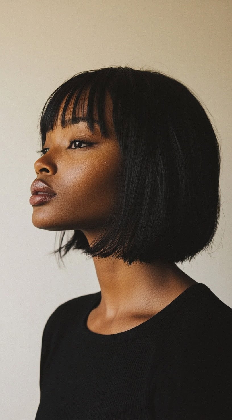 Chin Length Blunt Bob With Blunt Bangs, Dark Brown — Classy Bob Haircuts with Bangs