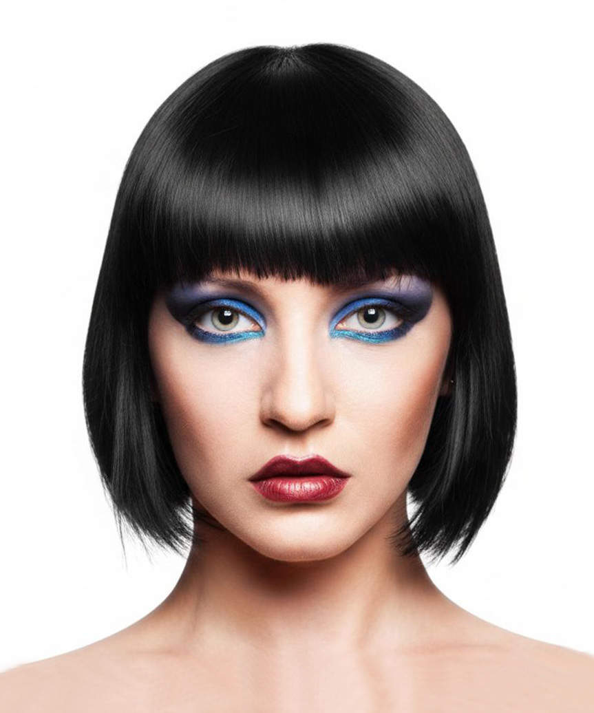 Chin Length Blunt Bob With Full Bangs, Black — Classy Bob Haircuts with Bangs