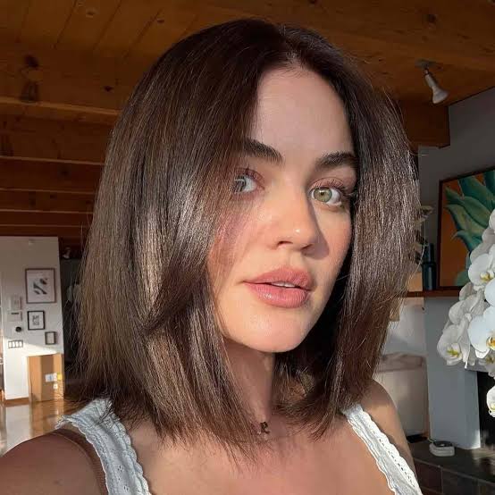Collarbone Bob With Glossy Dark Brown Layers — Classy Bob with Curtain Bangs