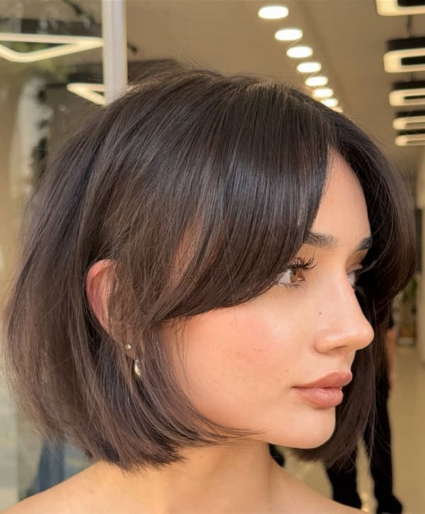 Chin Length Dark Brown Bob With Air-Dried Texture — Classy Bob with Curtain Bangs
