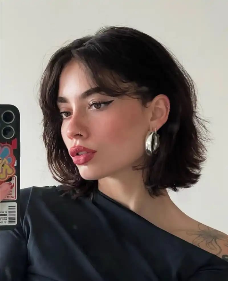 Chin Length Wavy Dark Brown Bob With Blowout, Close-Up Take — Classy Bob with Curtain Bangs