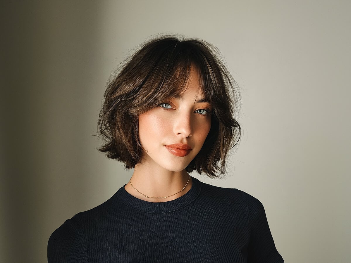 Chin Length Dark Brown Bob With Lived-In Texture, Everyday Version — Classy Bob with Curtain Bangs
