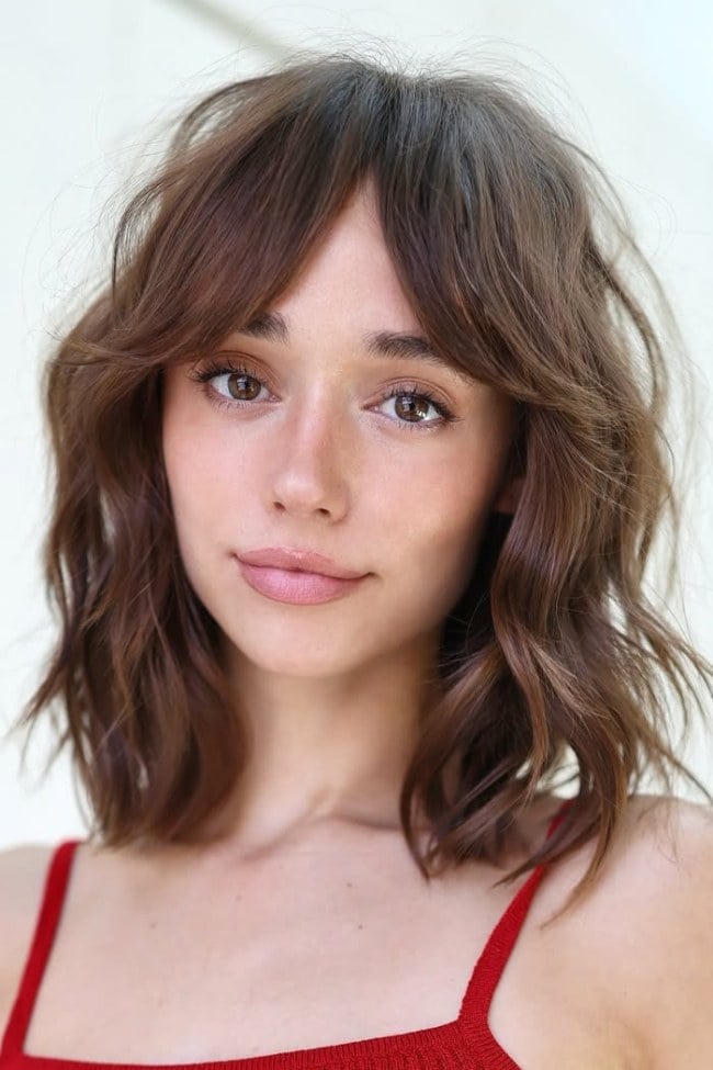 Collarbone Medium Brown Bob With Loose Waves — Classy Bob with Curtain Bangs