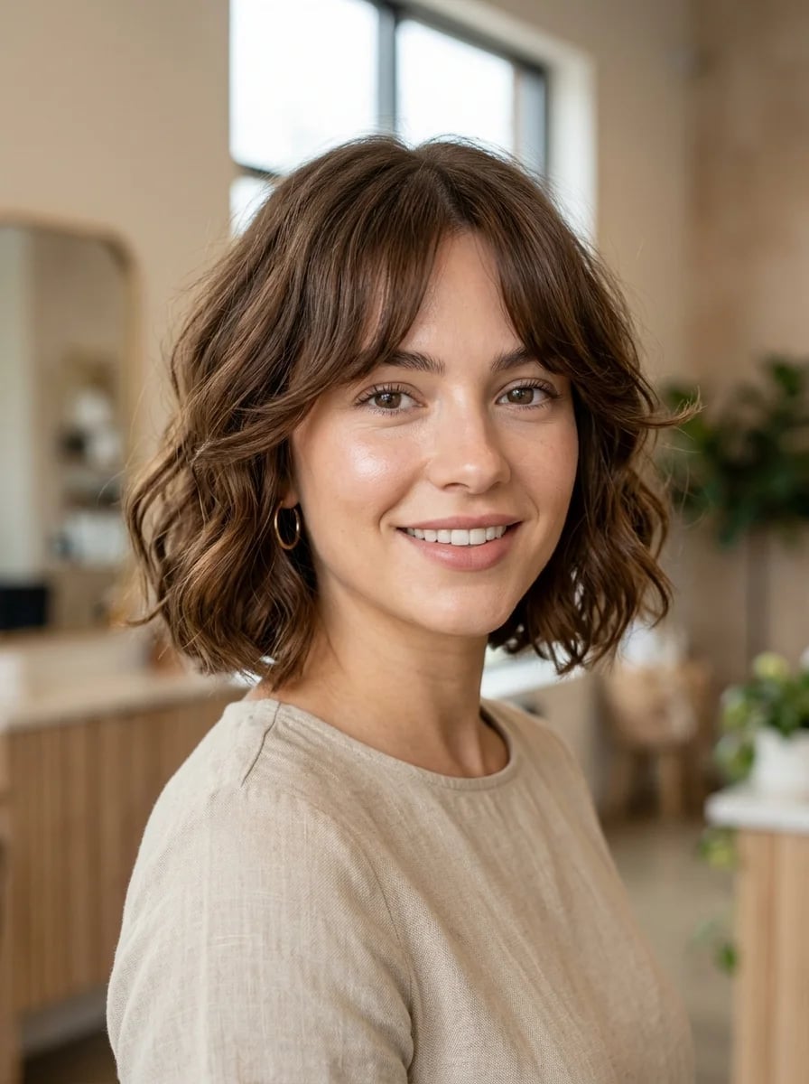 Collarbone Bob With Soft Waves And Dark Brown Highlights — Classy Bob with Curtain Bangs