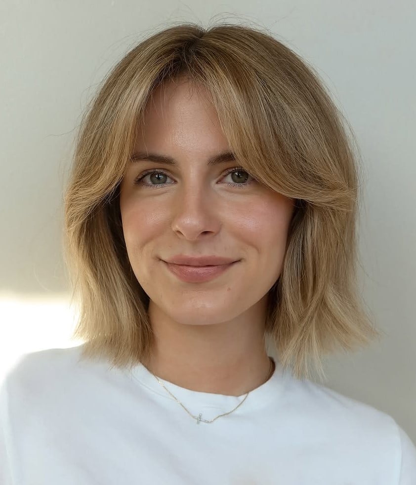 Collarbone Ash Blonde Bob With Smooth Blowout — Classy Bob with Curtain Bangs