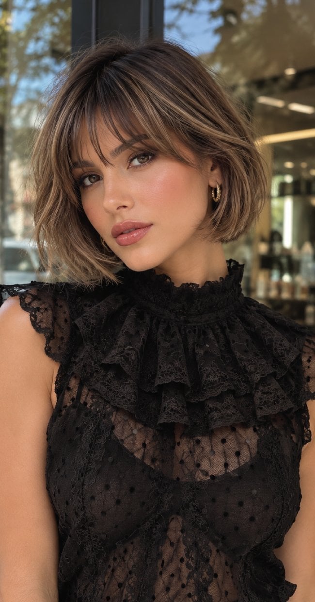 French Bob With Textured Ends And Dark Brown Color — Classy Bob with Curtain Bangs