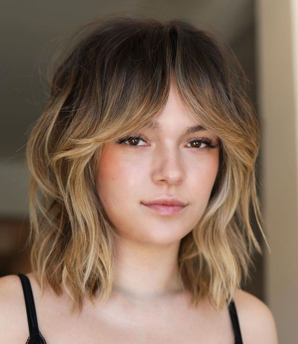 Collarbone Bob With Blonde Balayage And Textured Waves — Classy Bob with Curtain Bangs