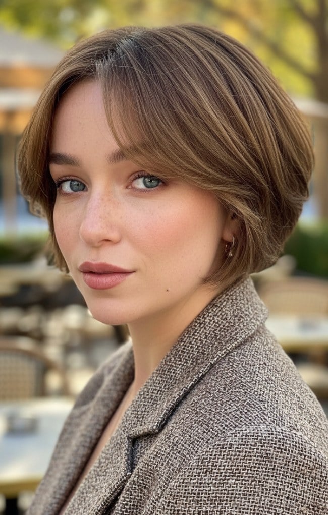 Chin Length Parisian Bob With Dark Blonde Curtain Bangs — Classy Bob with Curtain Bangs