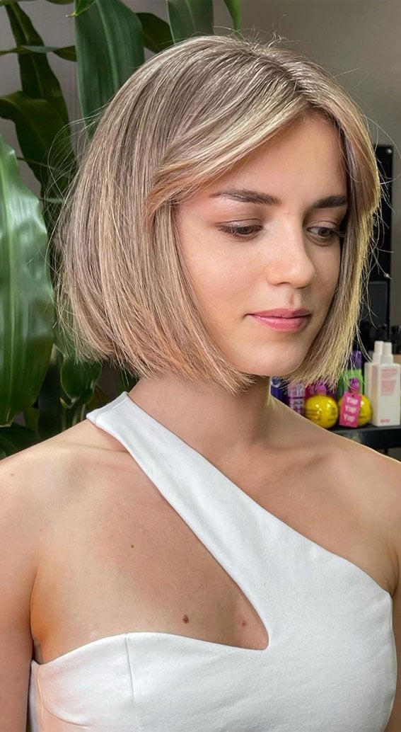 Ear Length Ash Blonde Bob With Soft Curtain Bangs — Classy Bob with Curtain Bangs