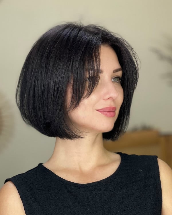 Chin Length Dark Brown Bob With Smooth Blowout — Classy Bob with Curtain Bangs