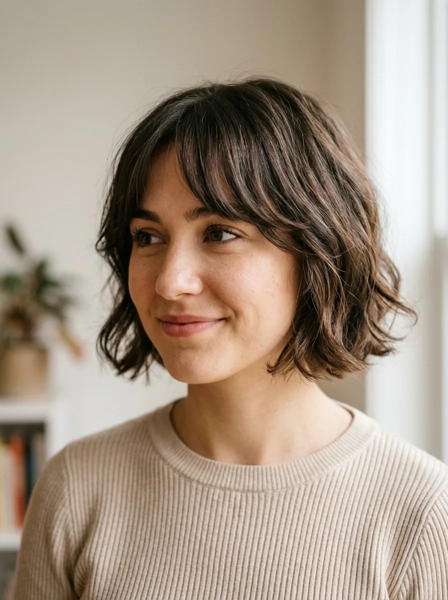 Solid Dark Brown Bob With Face-Framing Bangs — Classy Bob with Curtain Bangs