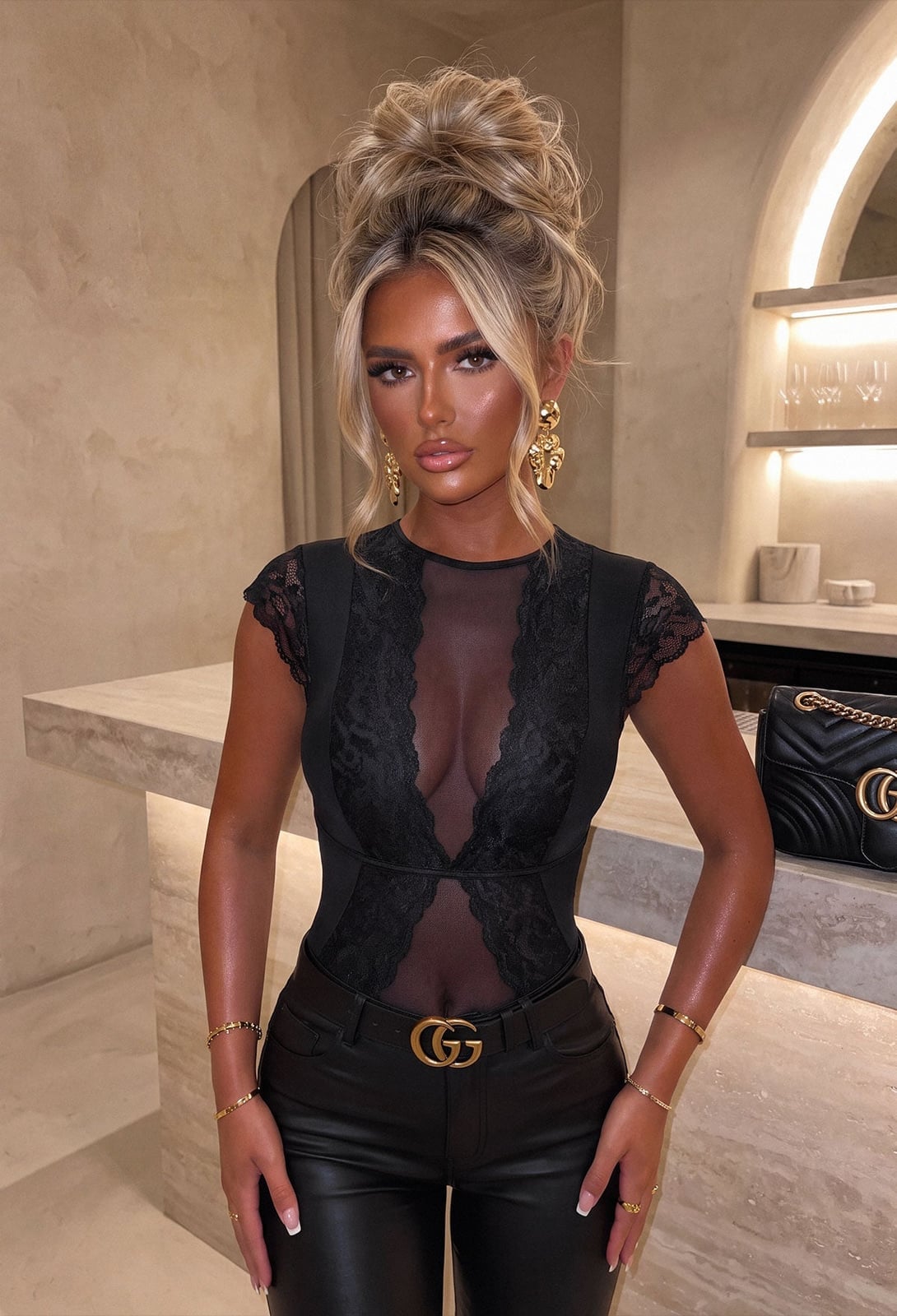 Black Lace and Mesh Bodysuit with Leather Trousers — Classy Bodysuit Outfits