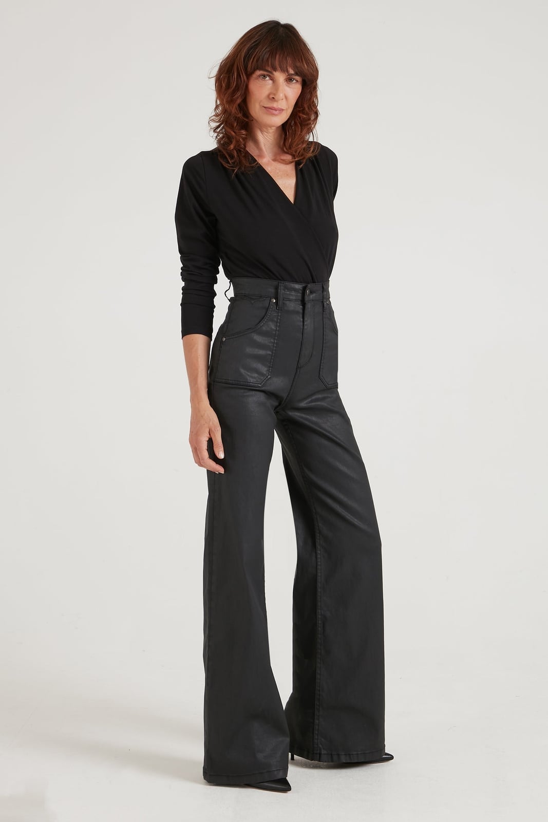 Black Wrap Bodysuit with Dark Grey Coated Trousers — Classy Bodysuit Outfits
