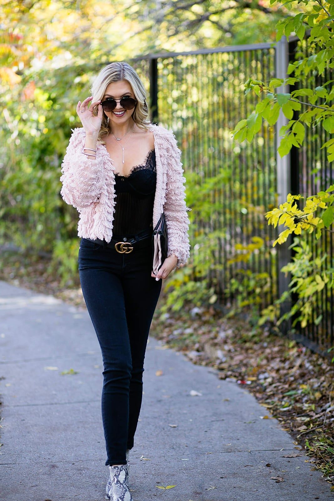 Black Lace Bodysuit with Pink Cardigan and Snakeskin Boots — Classy Bodysuit Outfits
