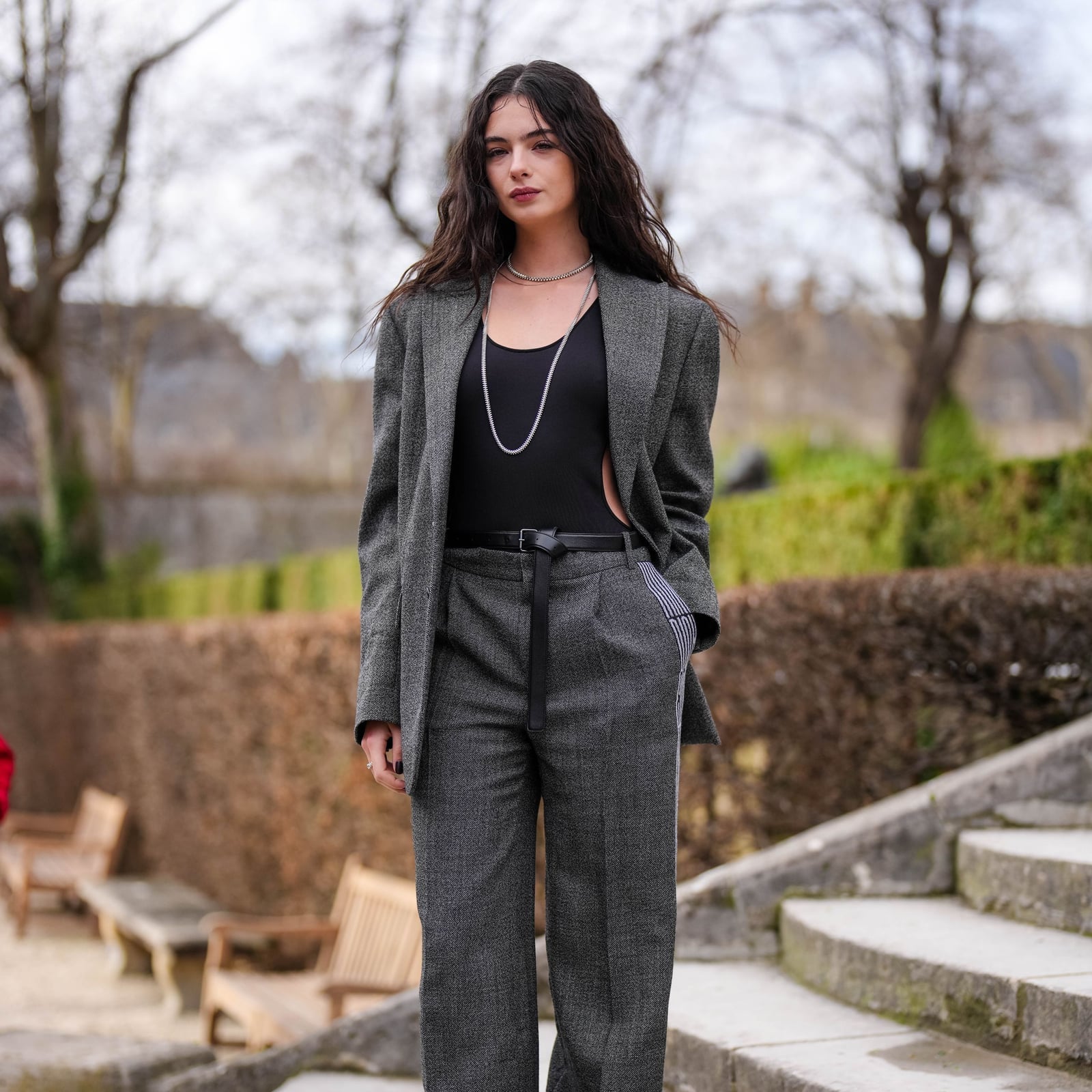 Black Bodysuit with Oversized Grey Suit — Classy Bodysuit Outfits