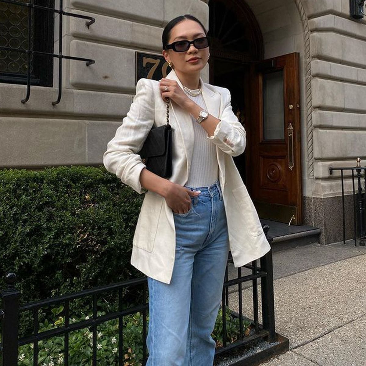 White Ribbed Bodysuit with Linen Blazer and Jeans — Classy Bodysuit Outfits