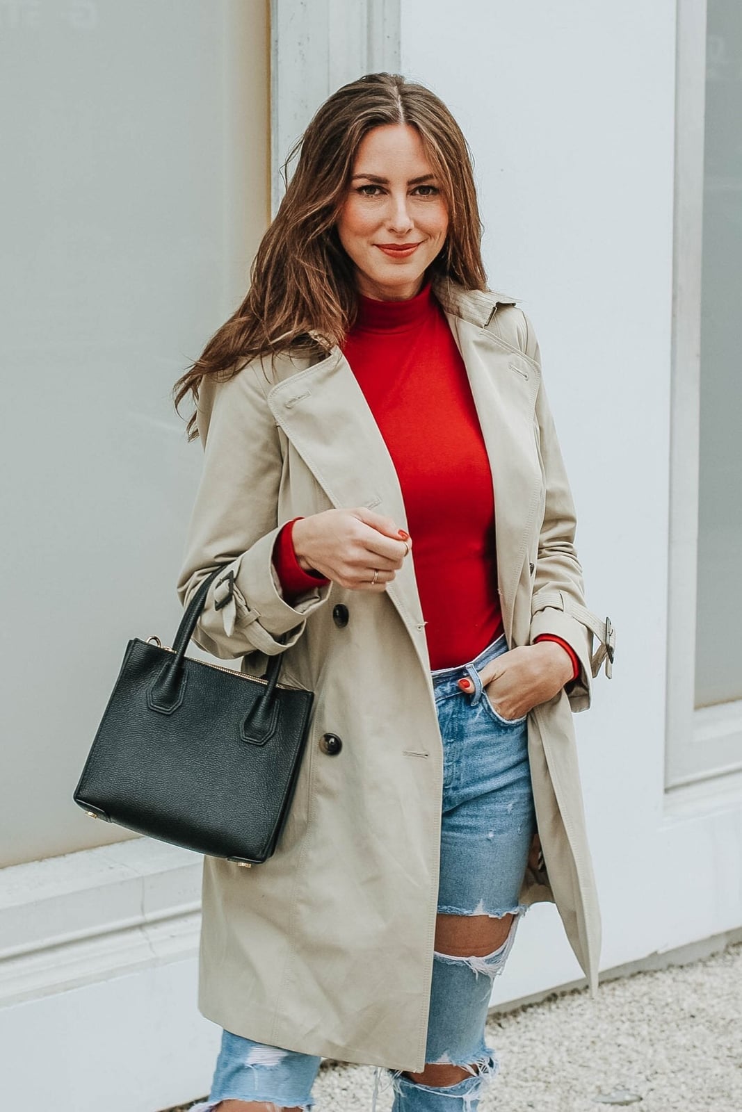 Red Turtleneck Bodysuit with Trench Coat and Ripped Jeans — Classy Bodysuit Outfits