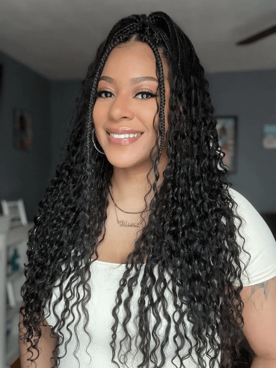 Collarbone Black Braids With Curly Extensions Collarbone Black Braids With Curly Extensions — Classy Boho Knotless Braids