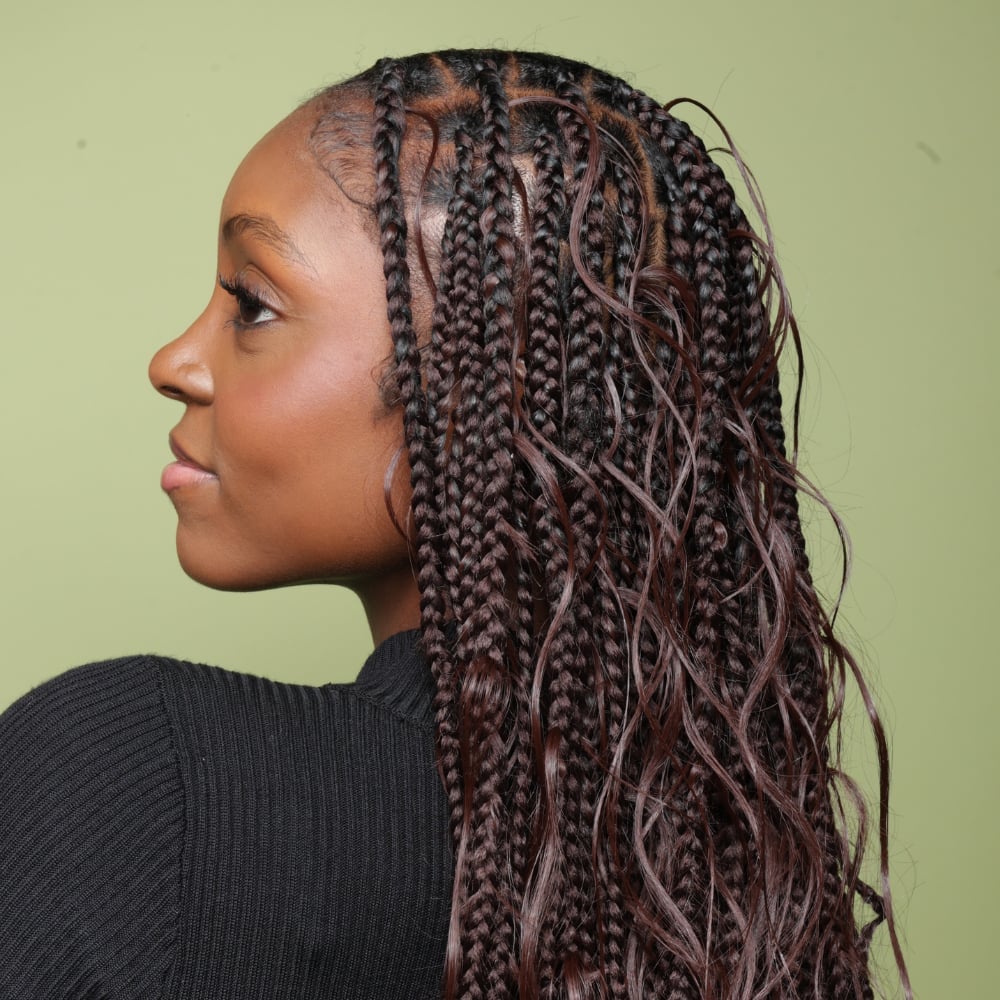 Dark Brown Collarbone Braids Red Undertones Dark Brown Collarbone Braids Red Undertones — Classy Boho Knotless Braids