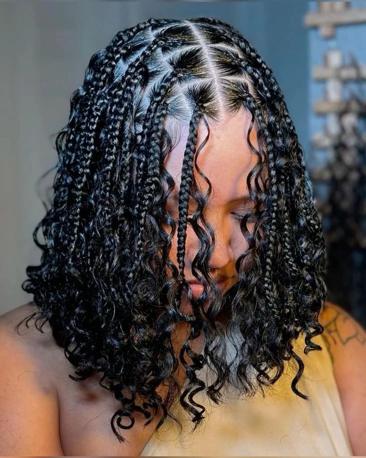Shoulder Length Black Braids Curly Ends Shoulder Length Black Braids Curly Ends — Classy Boho Knotless Braids