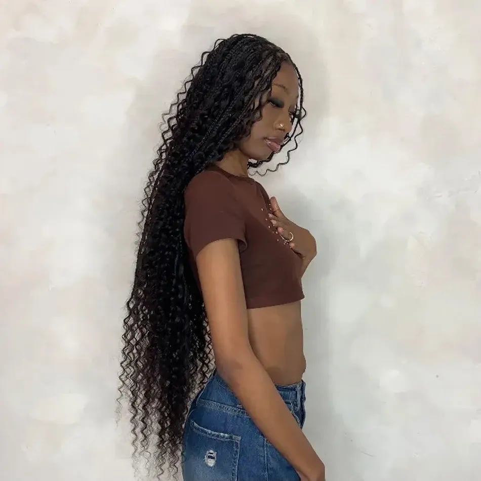 Dark Brown Mid-Back Braids With Curly Extensions Dark Brown Mid-Back Braids With Curly Extensions — Classy Boho Knotless Braids