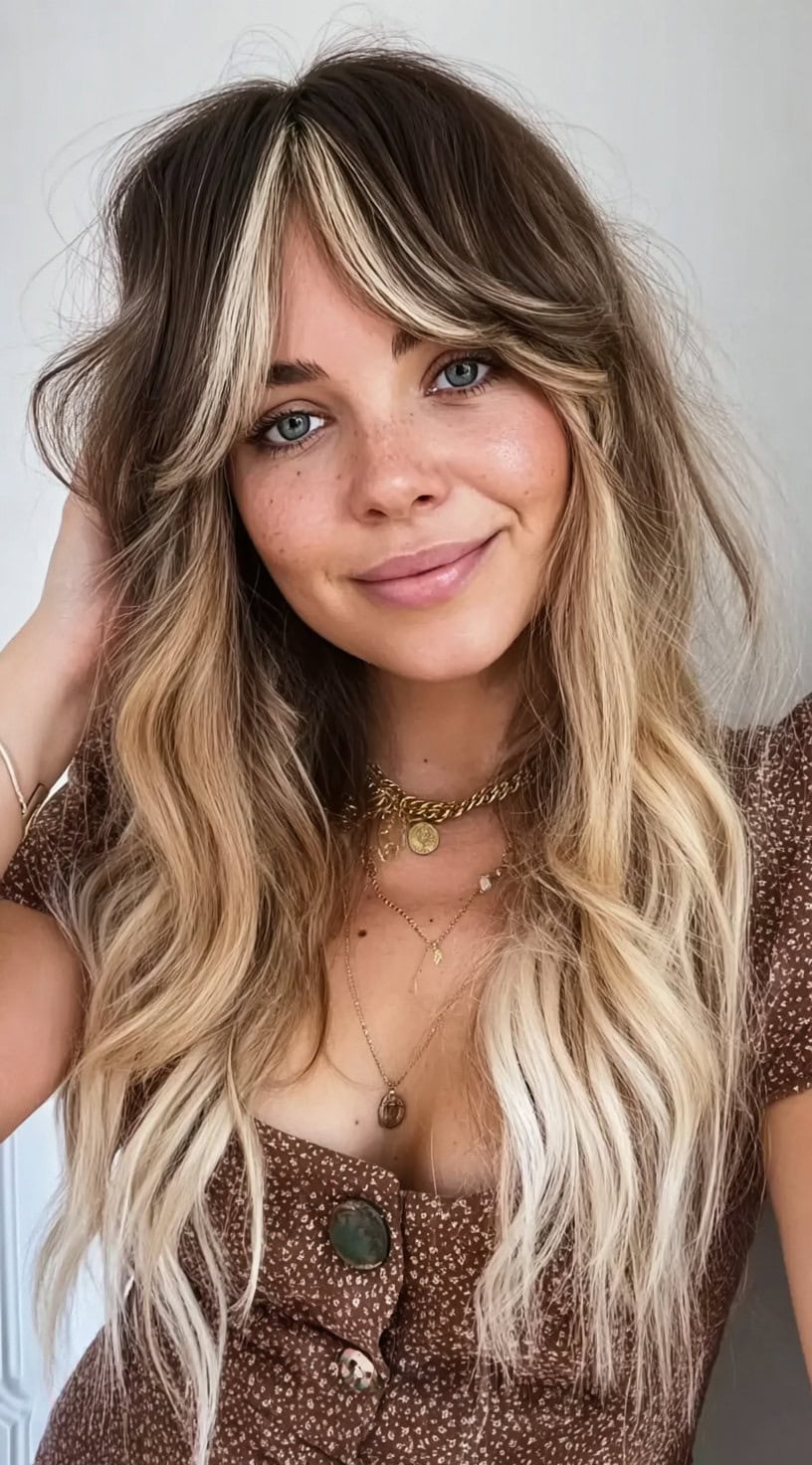 Mid-Back Wavy With Glossy Bottleneck Bangs, Side — Classy Bottleneck Bangs
