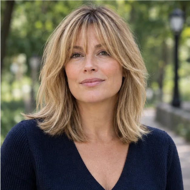 Collarbone Layered Lob Honey Blonde Bottleneck Bangs — Classy Bottleneck Bangs