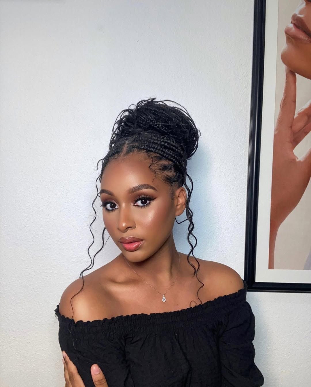 Black Micro Braids High Bun With Tendrils Black Micro Braids High Bun With Tendrils — Classy Braiding Hair