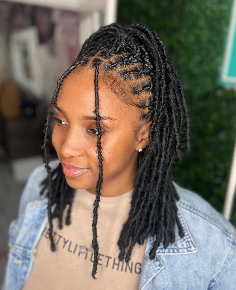 Wavy Locs High Ponytail With Geometric Parting Wavy Locs High Ponytail With Geometric Parting — Classy Braids Locs