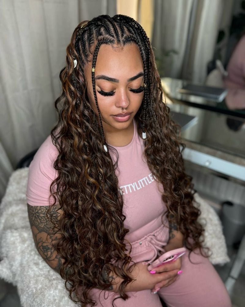 Dark Brown Cornrows With Blonde Highlights And Curls — Classy Braids Styles