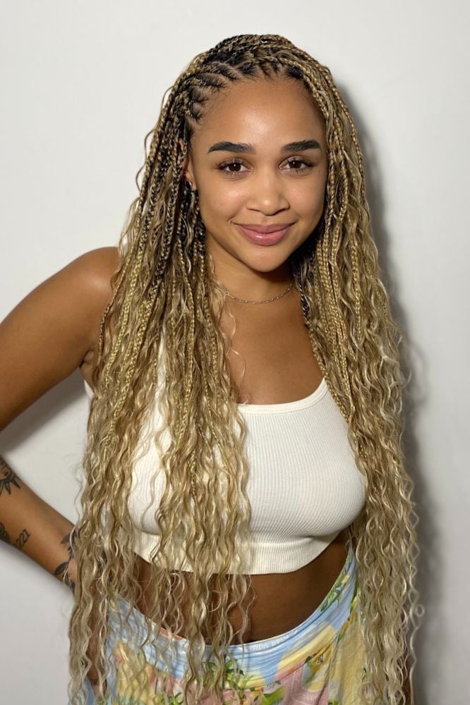 Long Curly Blonde And Dark Brown Box Braids — Classy Braids Styles