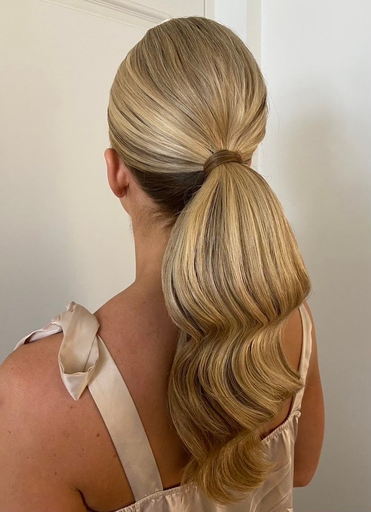 Honey Blonde Balayage Ponytail With Curtain Bangs — Classy Bridesmaid Ponytail