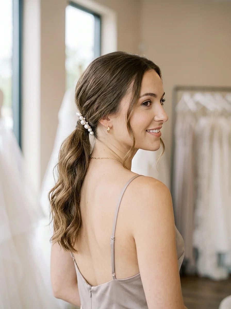 Medium Brown Ponytail With Pearl Accessory — Classy Bridesmaid Ponytail