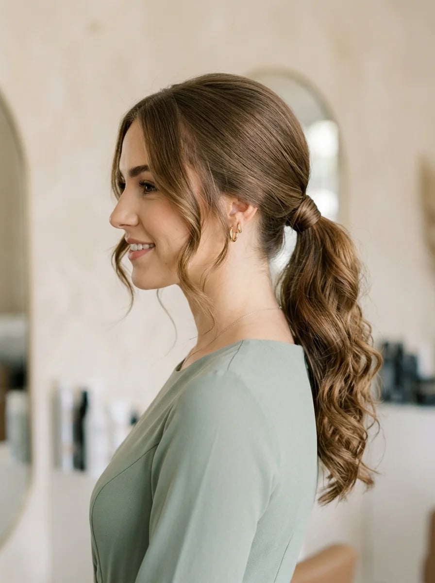 Medium Brown Low Ponytail With Face-Framing Bangs — Classy Bridesmaid Ponytail