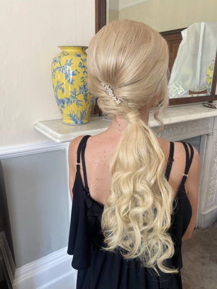 Platinum Blonde Low Ponytail With Sparkling Accessory — Classy Bridesmaid Ponytail