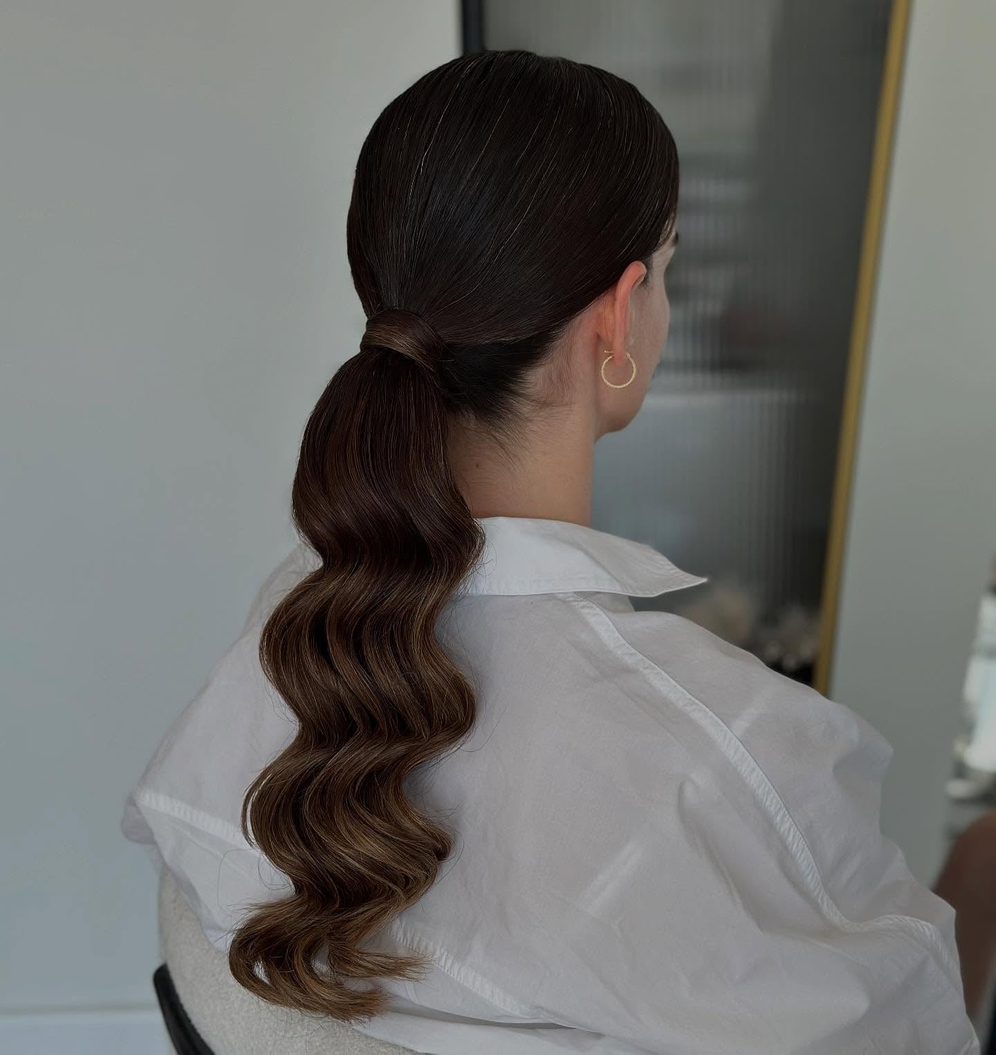 Dark Brown Ponytail With Deep Glossy Waves, Mid-Back — Classy Bridesmaid Ponytail