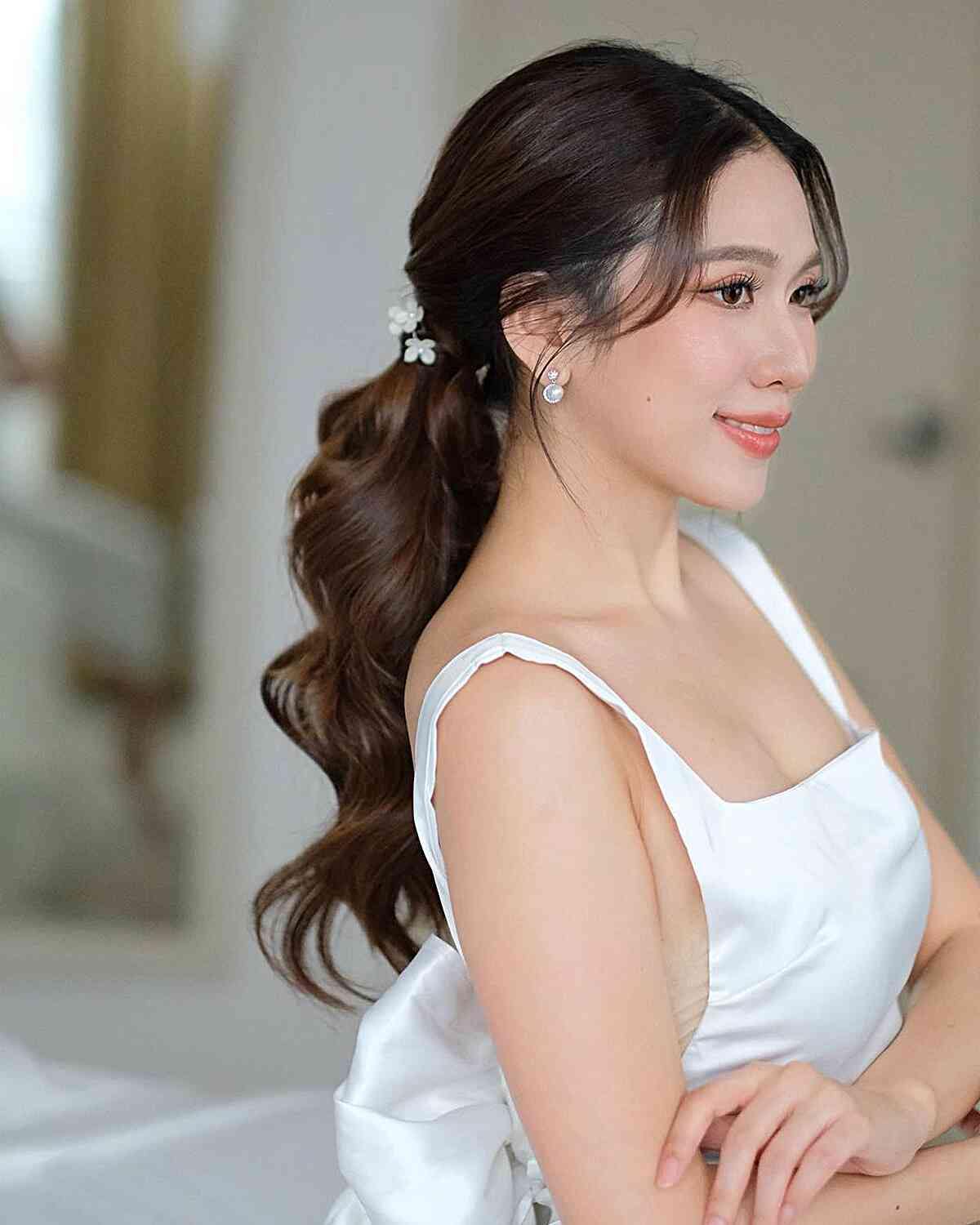 High Honey Blonde Ponytail With Glossy Waves — Classy Bridesmaid Ponytail