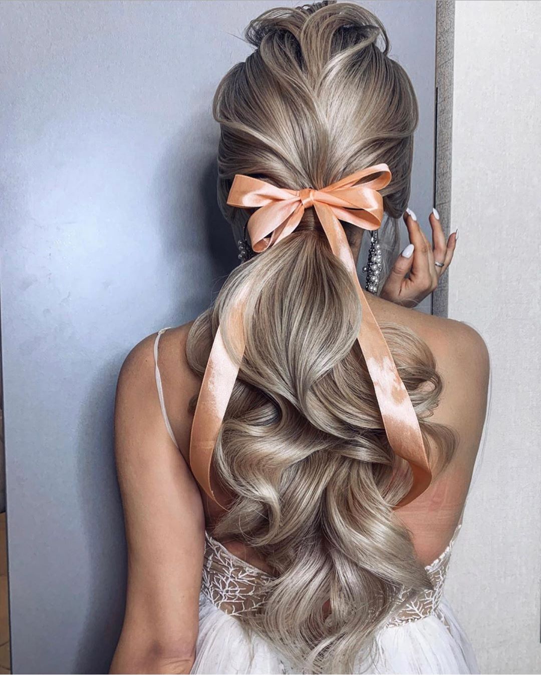 Ash Blonde Ponytail With Peach Ribbon — Classy Bridesmaid Ponytail