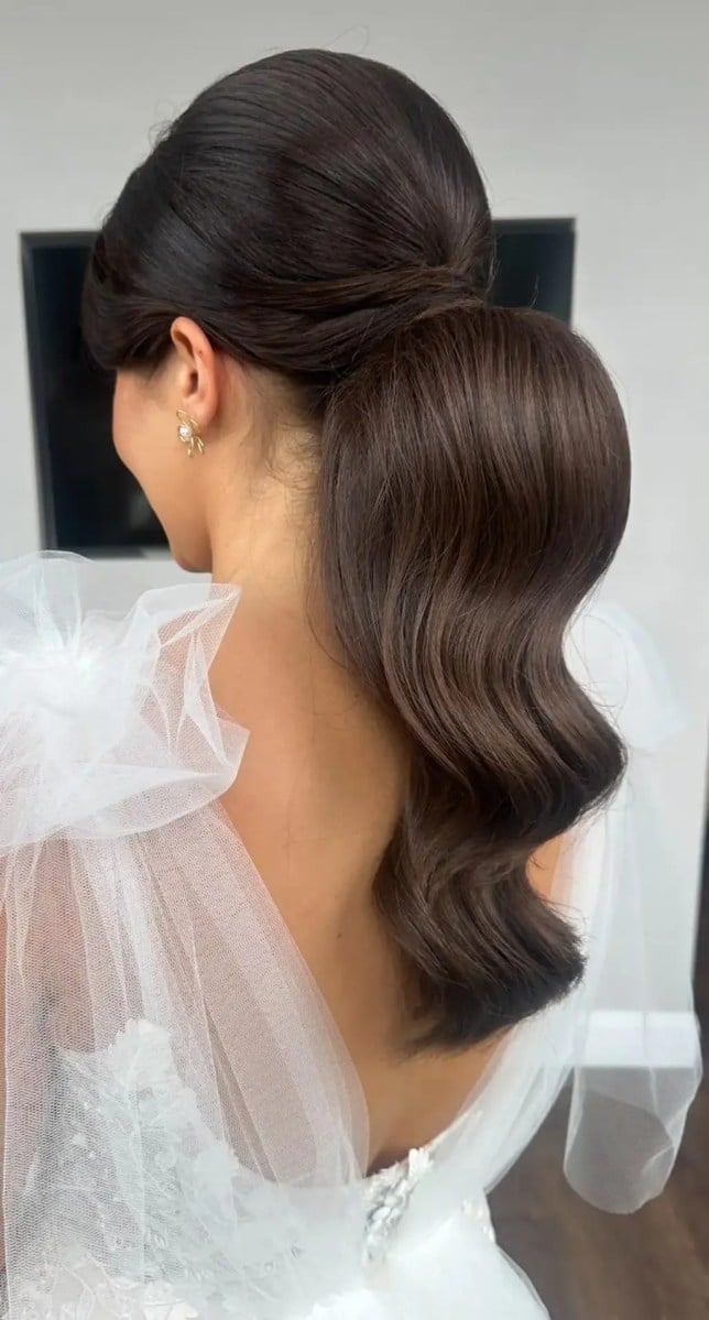 Dark Brown Sleek Ponytail With Sculpted Waves — Classy Bridesmaid Ponytail