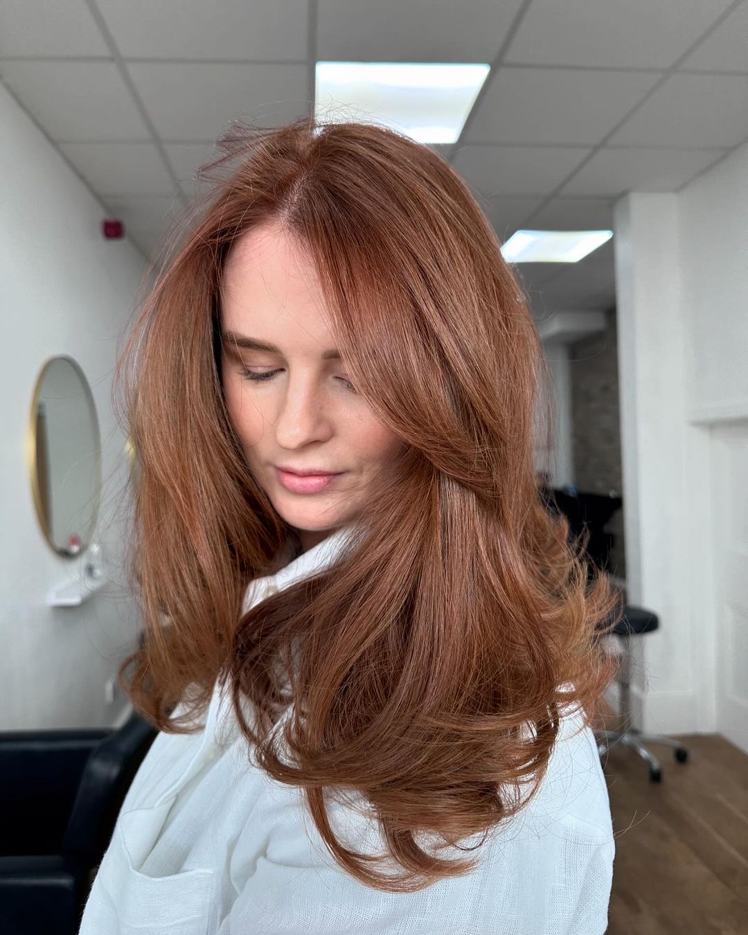 Collarbone Auburn Blowout With Curtain Bangs — Classy Bright Red Hair