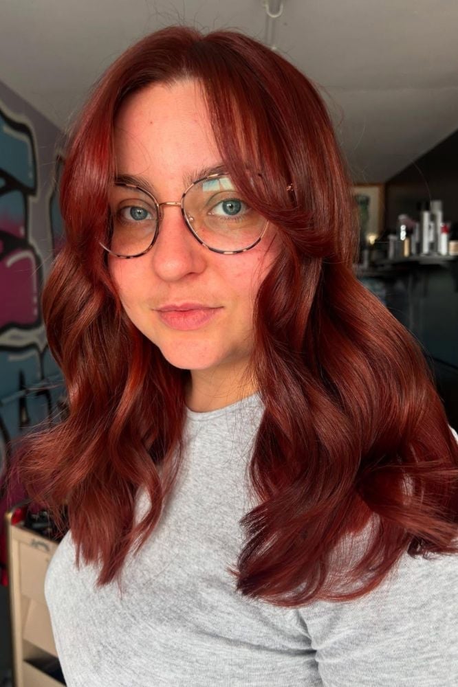 Auburn Lob With Lighter Highlights — Classy Bright Red Hair
